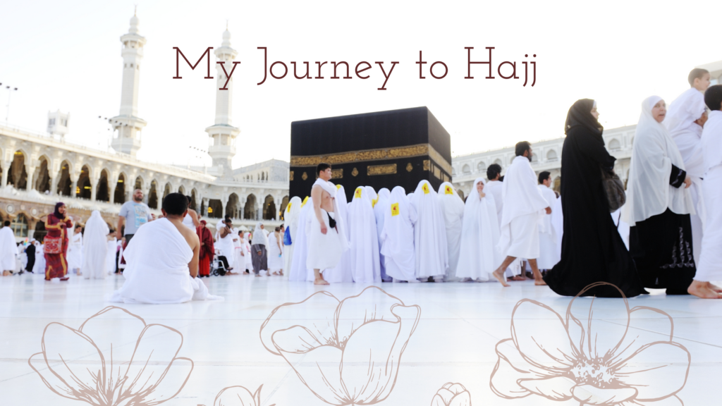 My journey to Hajj Title on a picture of the Kabah with people on Hajj