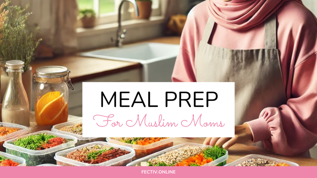 Meal Prep for Muslim moms title over image of Muslim mom meal prepping, chopping veggies