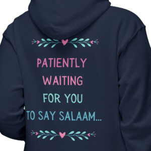 hijabi hoodie sweatshirt navy colored one worn by a women facing away with design on her back