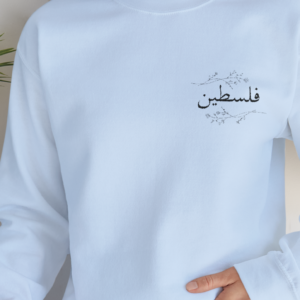 Palestine crewneck light blue worn by a woman