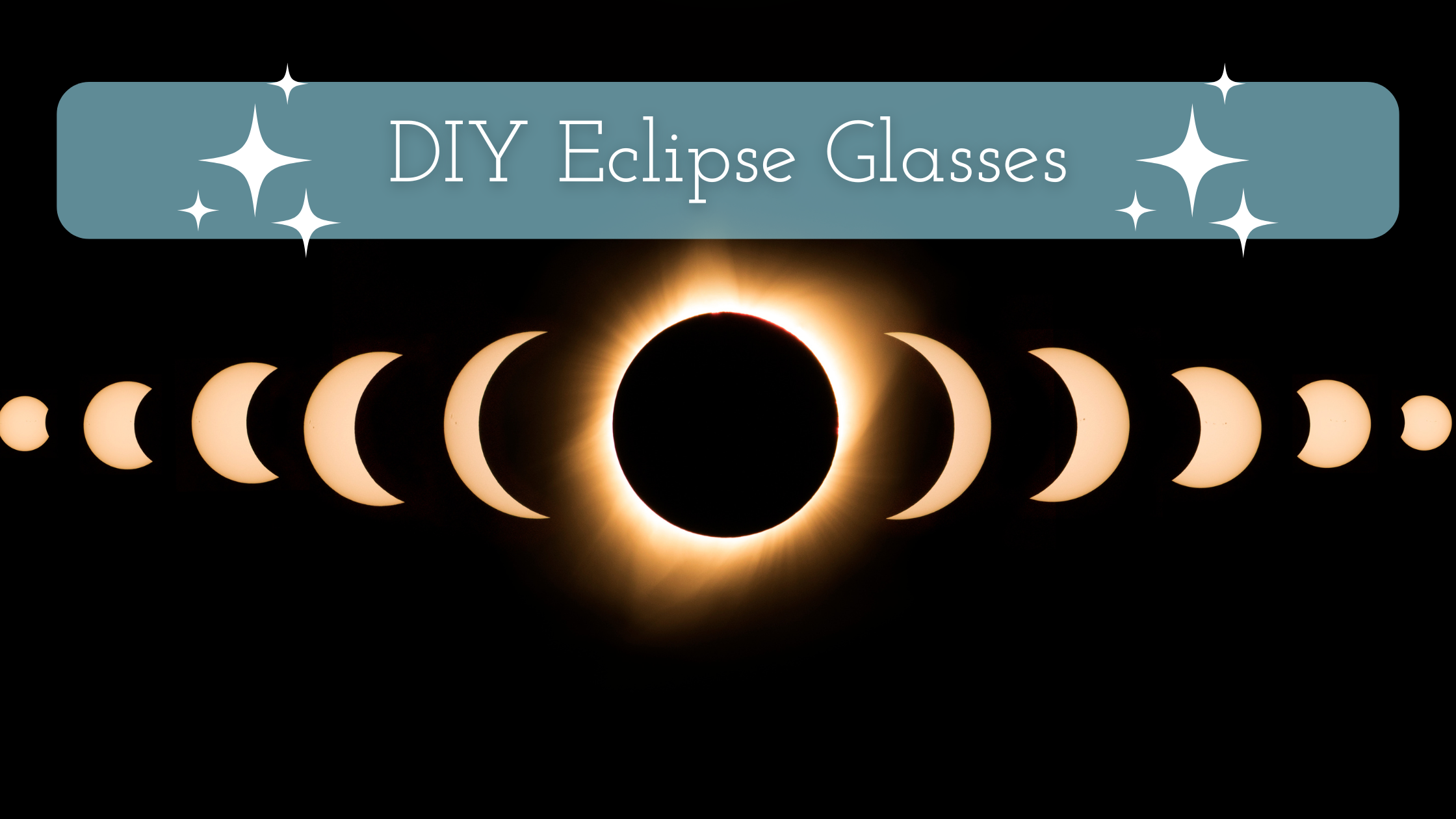 DIY Eclipse Glasses title on the image of a total solar eclipse