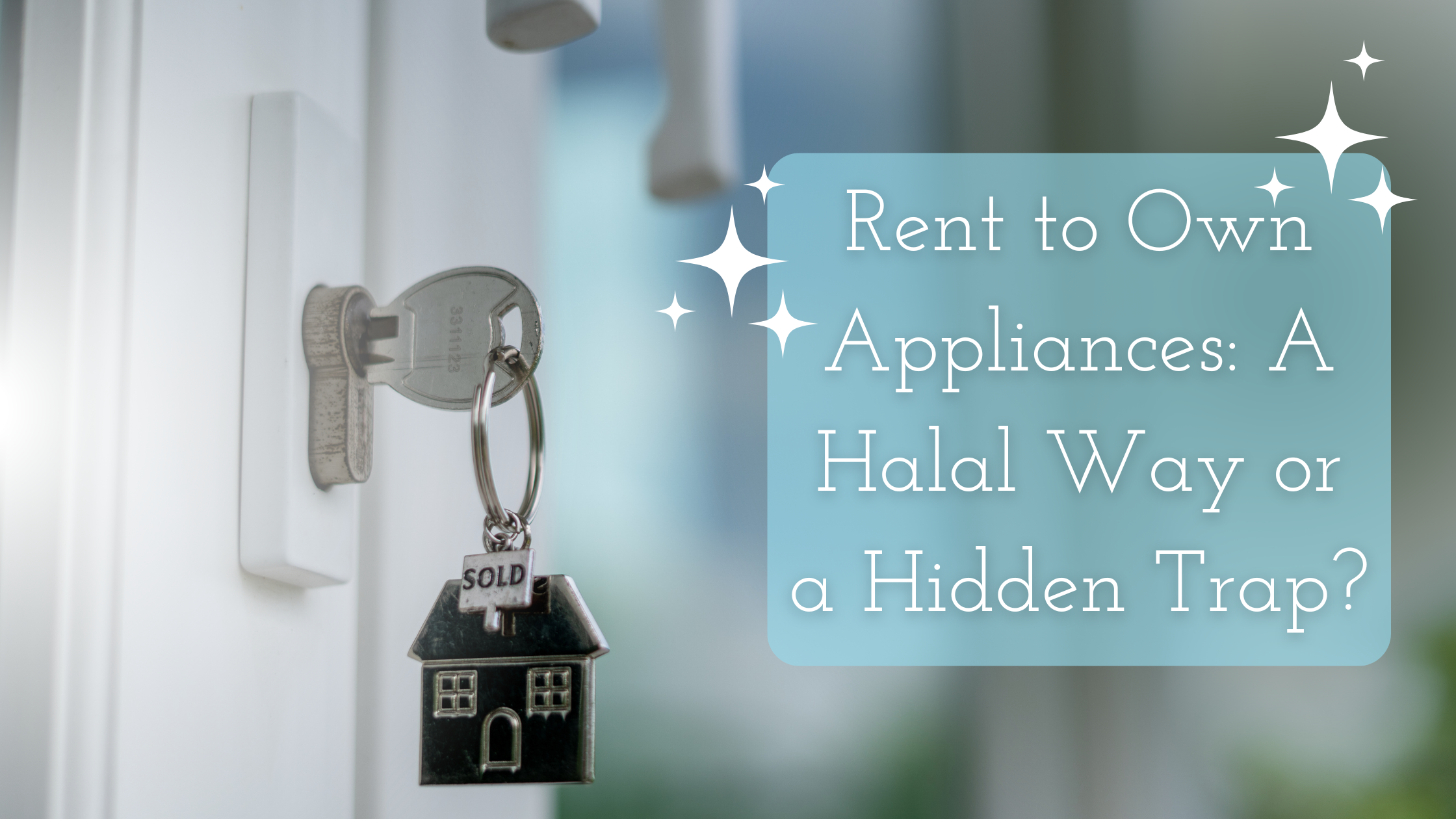 Rent to own appliances title on an image of a door opened with a pending key