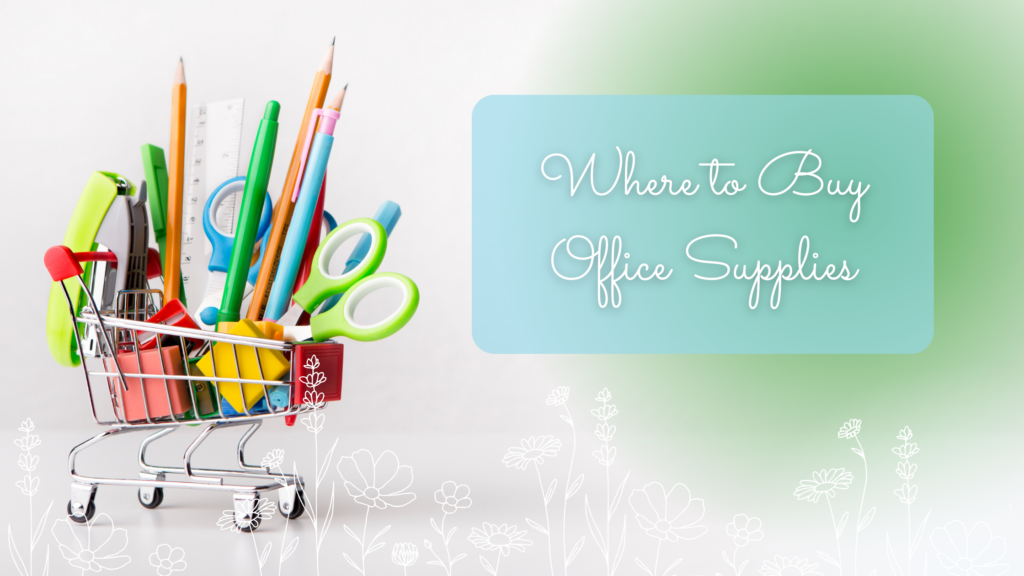 Where to buy office supplies title next to a chopping cart with office supplies