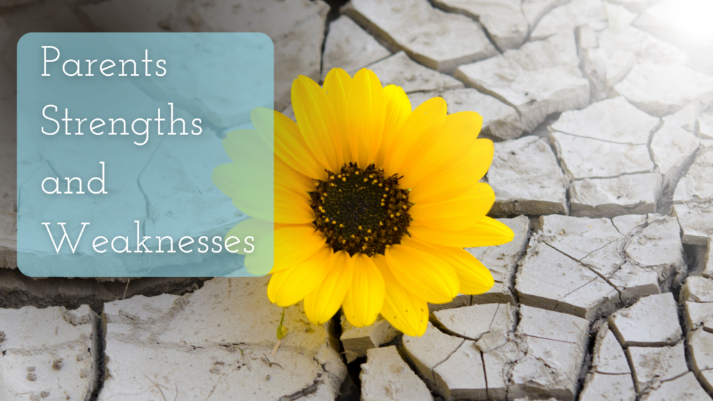 Parents Strengths and Weaknesses Title on an image of a yellow flower in the cracked ground