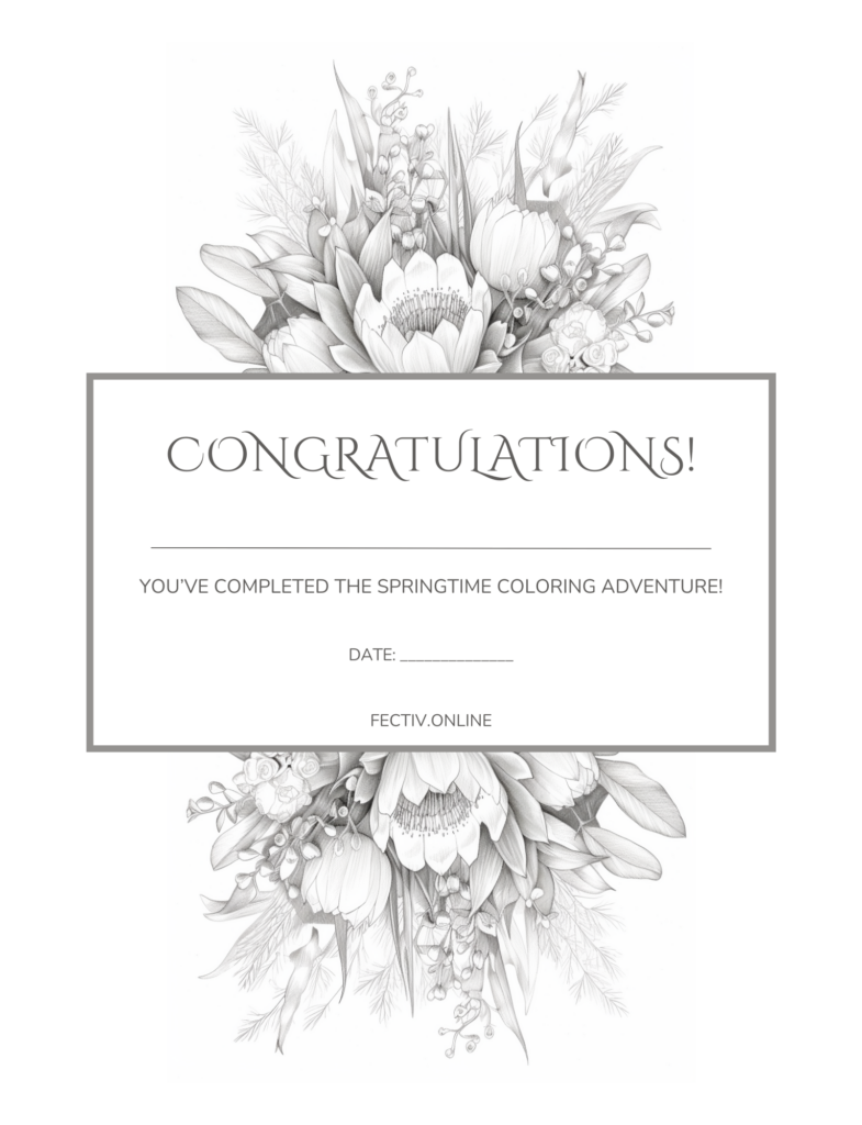 spring coloring sheets certificate page with flowers on top and bottom