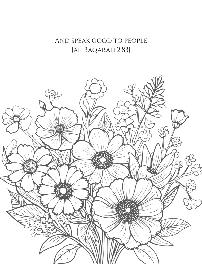 spring coloring sheets page with a bunch of flowers and a quranic verse