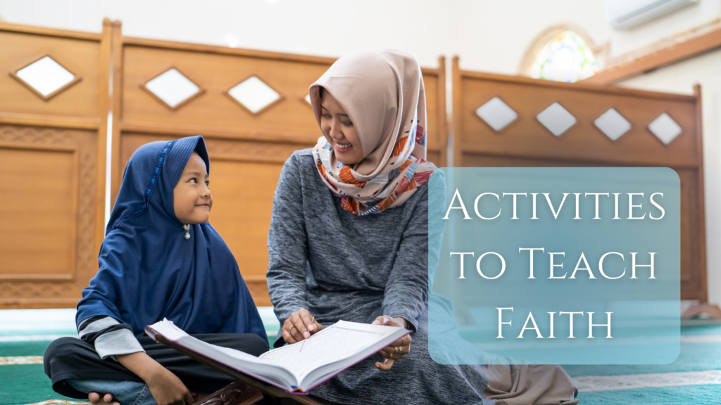 Activities to Teach Faith includes how this woman is teaching Quran to a happy child